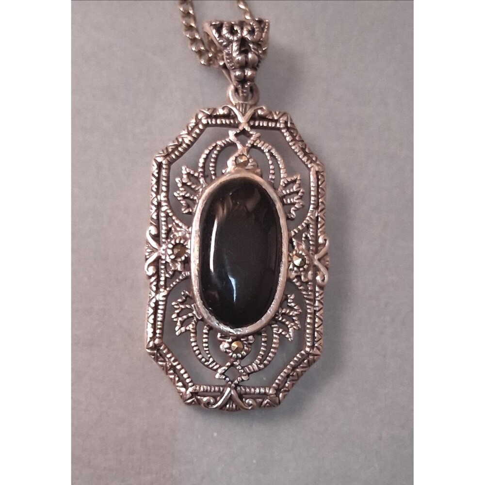 Art Deco Style Necklace Black Stone Pendant with Marcasites